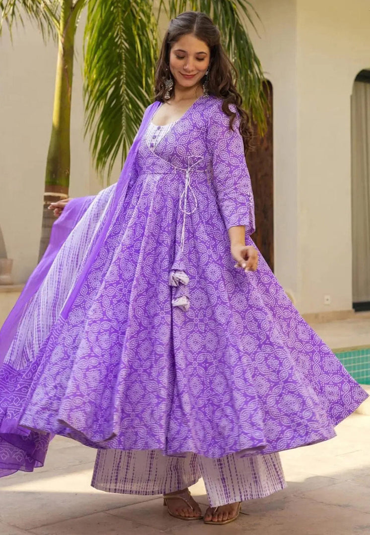 Purple Muslin Readymade Anarkali Suit With Palazzo
