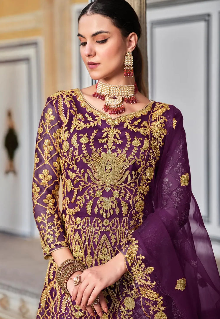 Purple Net Embroidered Floor Length Anarkali Suit