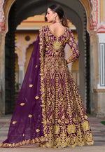 Load image into Gallery viewer, Purple Net Embroidered Floor Length Anarkali Suit
