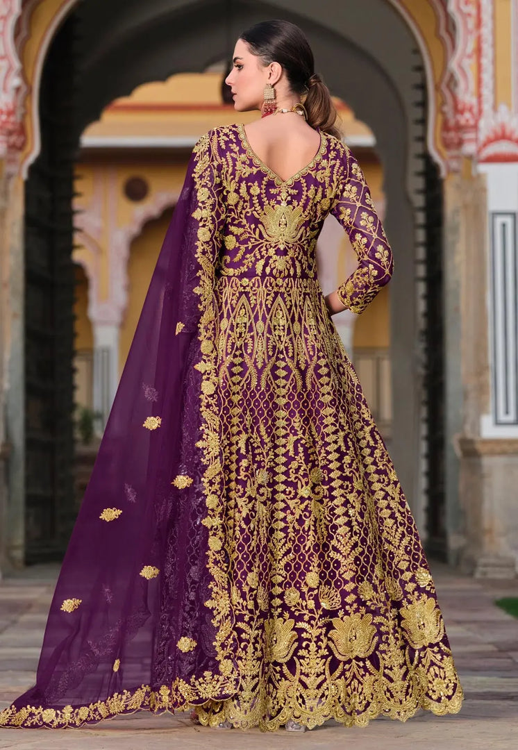 Purple Net Embroidered Floor Length Anarkali Suit