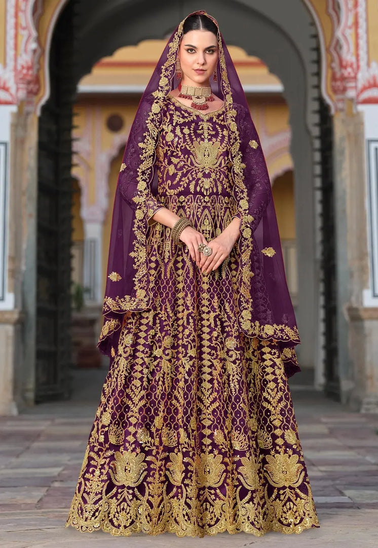 Purple Net Embroidered Floor Length Anarkali Suit