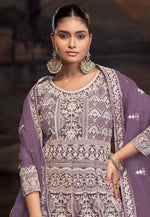 Load image into Gallery viewer, Purple Net Embroidered Long Anarkali Suit
