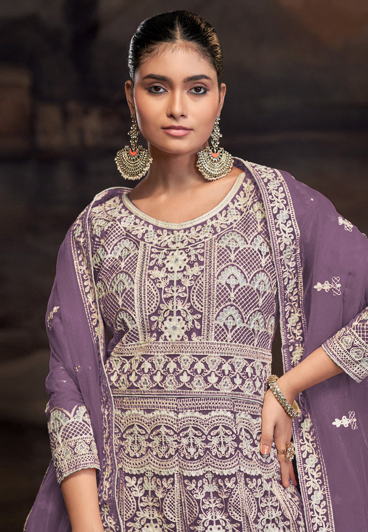 Purple Net Embroidered Long Anarkali Suit