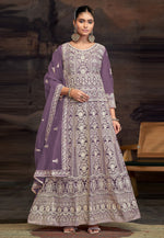 Load image into Gallery viewer, Purple Net Embroidered Long Anarkali Suit
