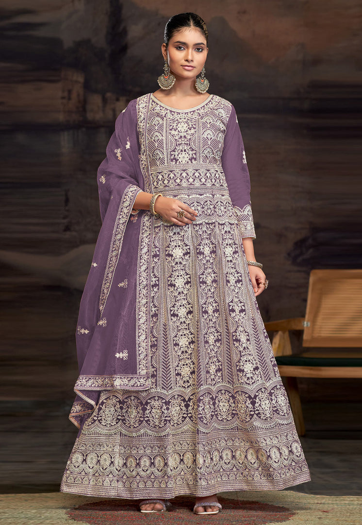 Purple Net Embroidered Long Anarkali Suit
