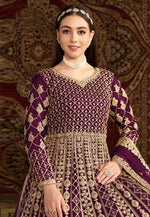 Load image into Gallery viewer, Purple Net Embroidered Long Anarkali Suit
