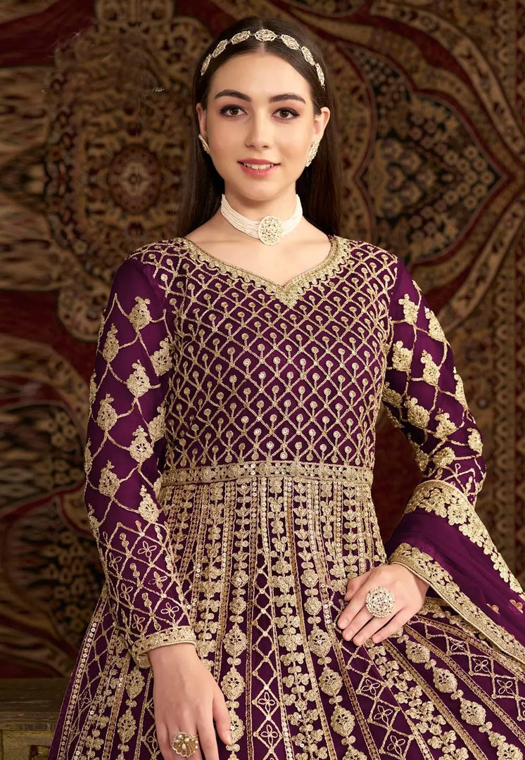 Purple Net Embroidered Long Anarkali Suit