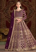 Load image into Gallery viewer, Purple Net Embroidered Long Anarkali Suit
