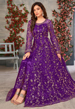 Load image into Gallery viewer, Purple Net Embroidered Long Anarkali Suit
