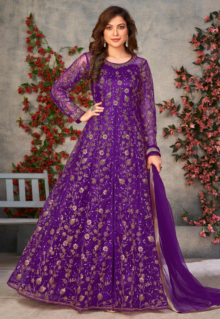 Purple Net Embroidered Long Anarkali Suit
