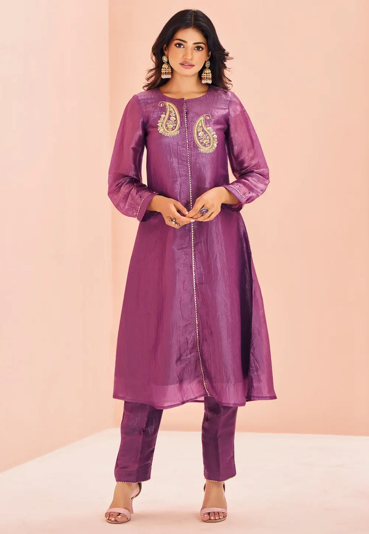 Purple Organza Kurta Set With Pent