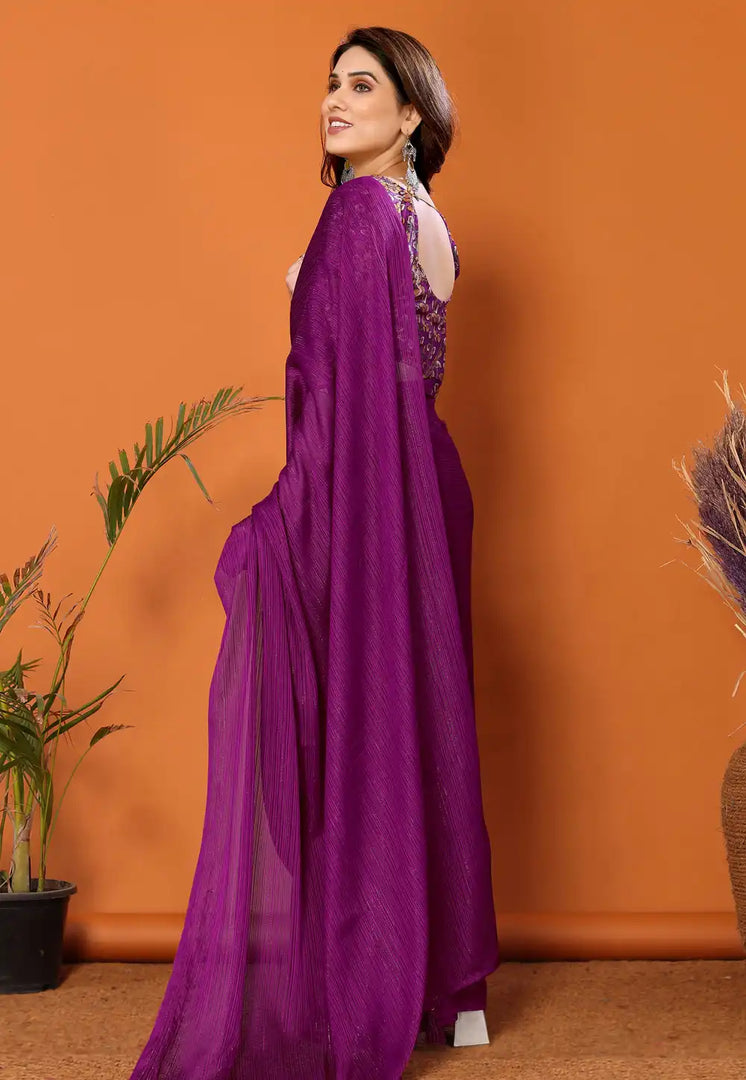 Purple Polyester Saree With Blouse