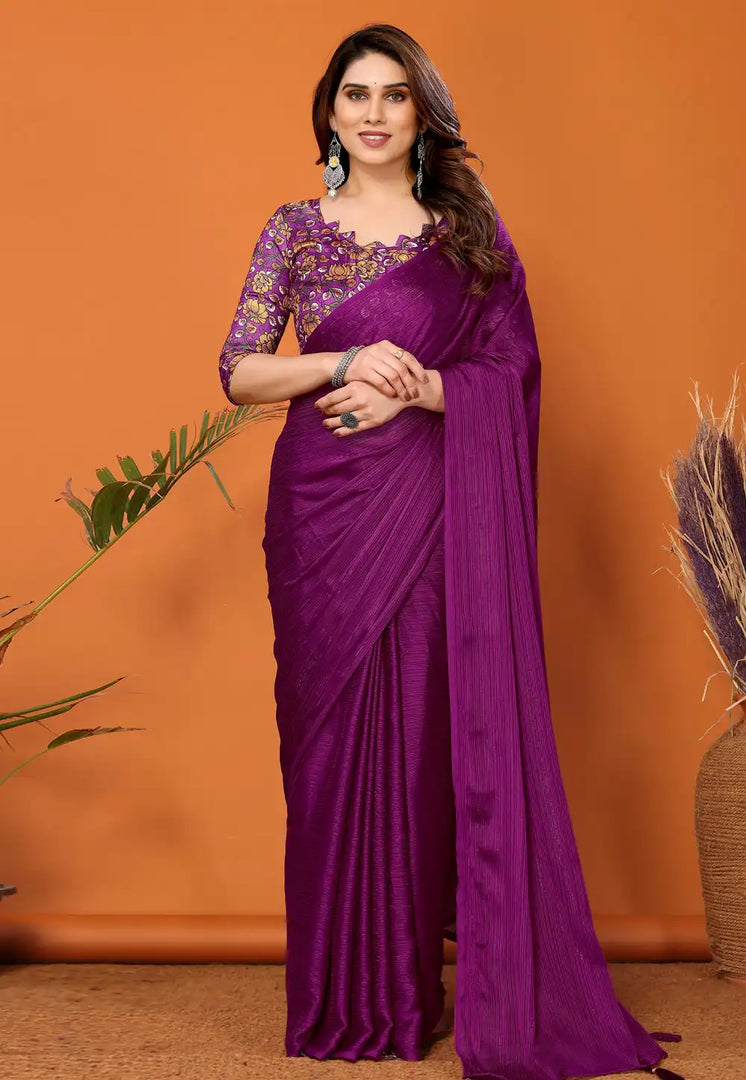 Purple Polyester Saree With Blouse