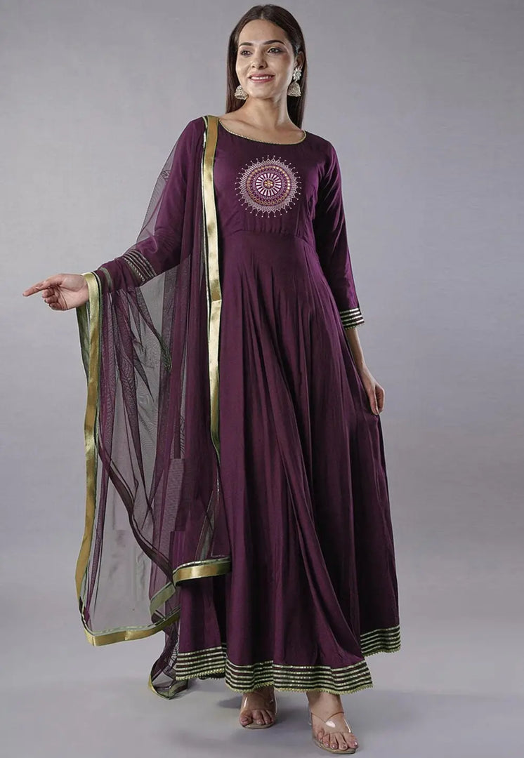 Purple Rayon Readymade Long Anarkali Suit