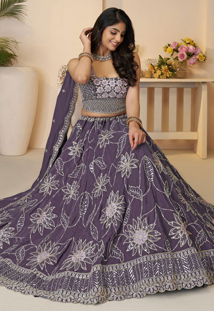 Purple Satin Silk Wedding Lehenga Choli
