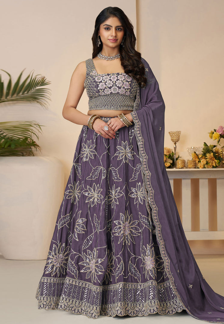 Purple Satin Silk Wedding Lehenga Choli