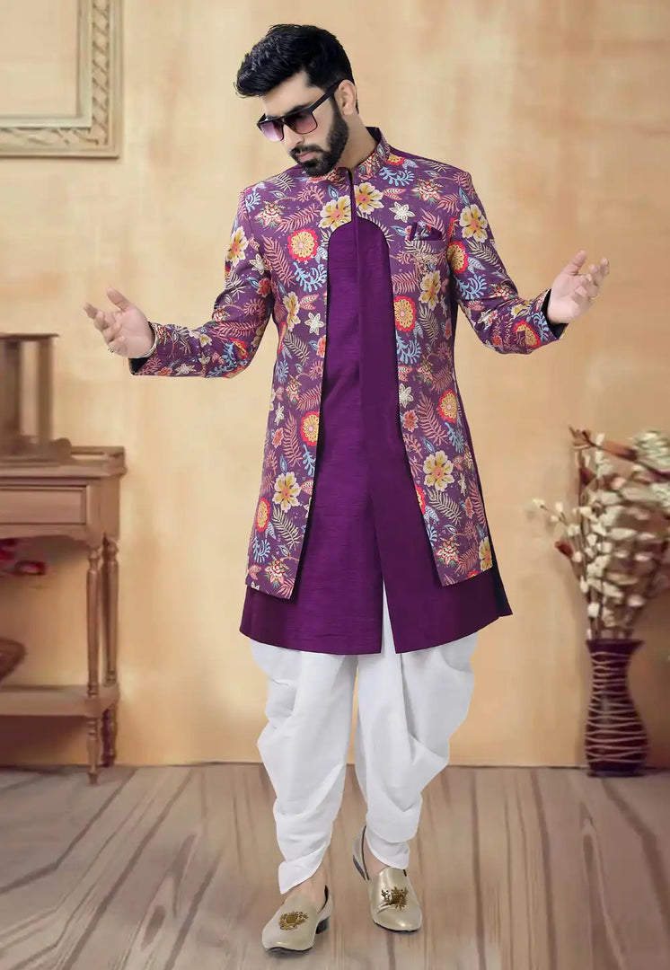 Purple Silk Dhoti Sherwani