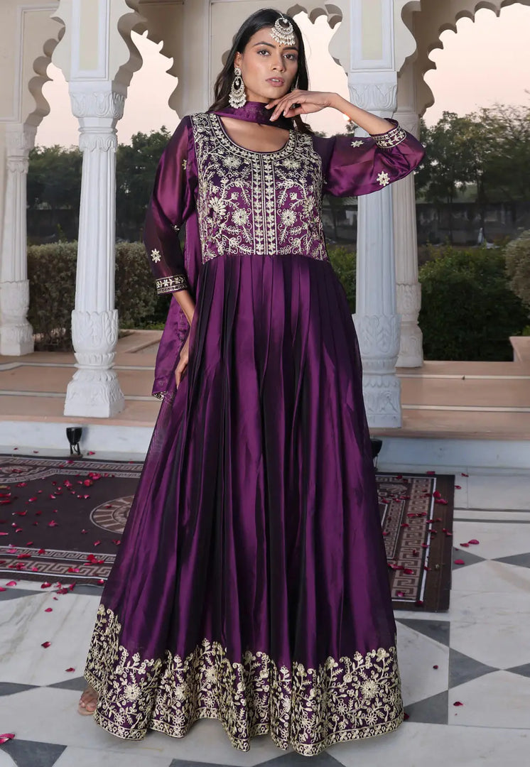 Purple Silk Long Anarkali Suit