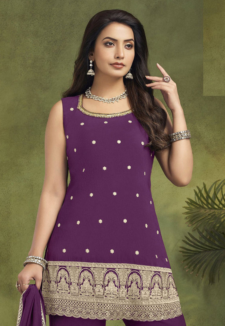 Purple Silk Readymade Palazzo Suit
