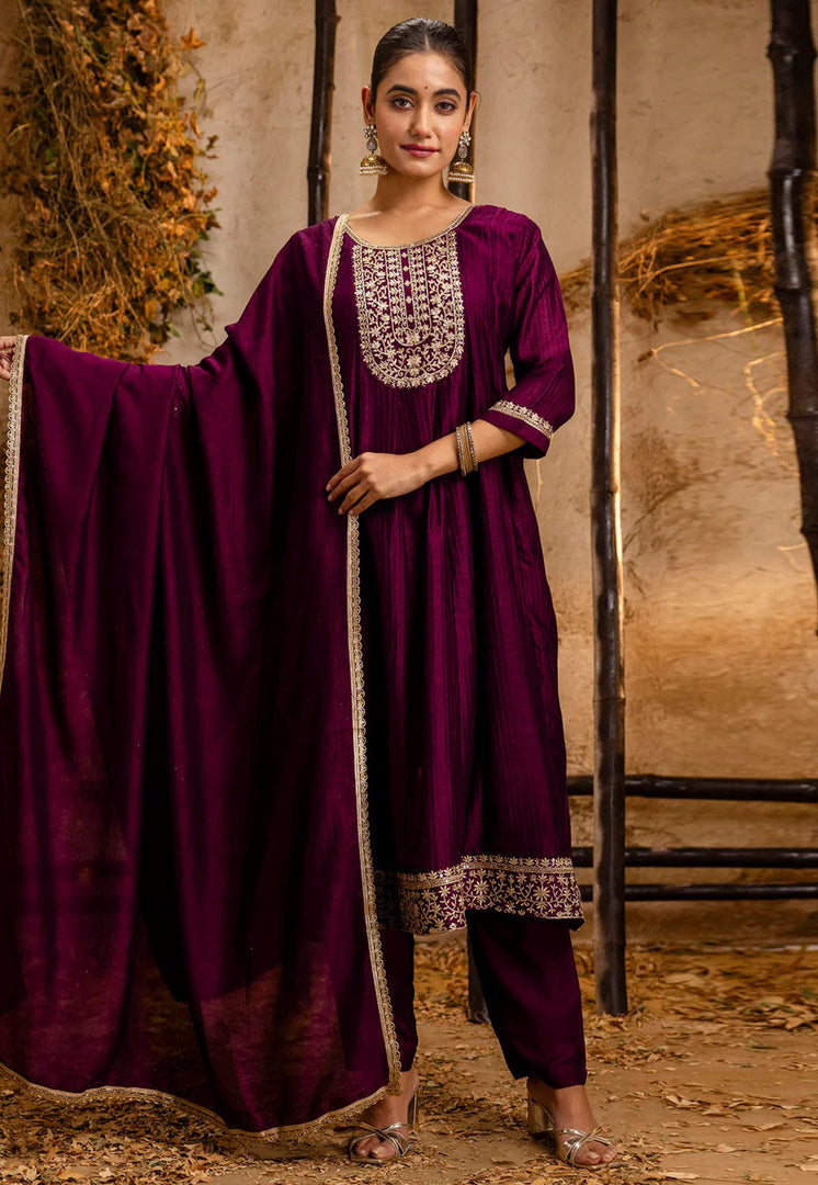 Purple Silk Readymade Pant Style Suit