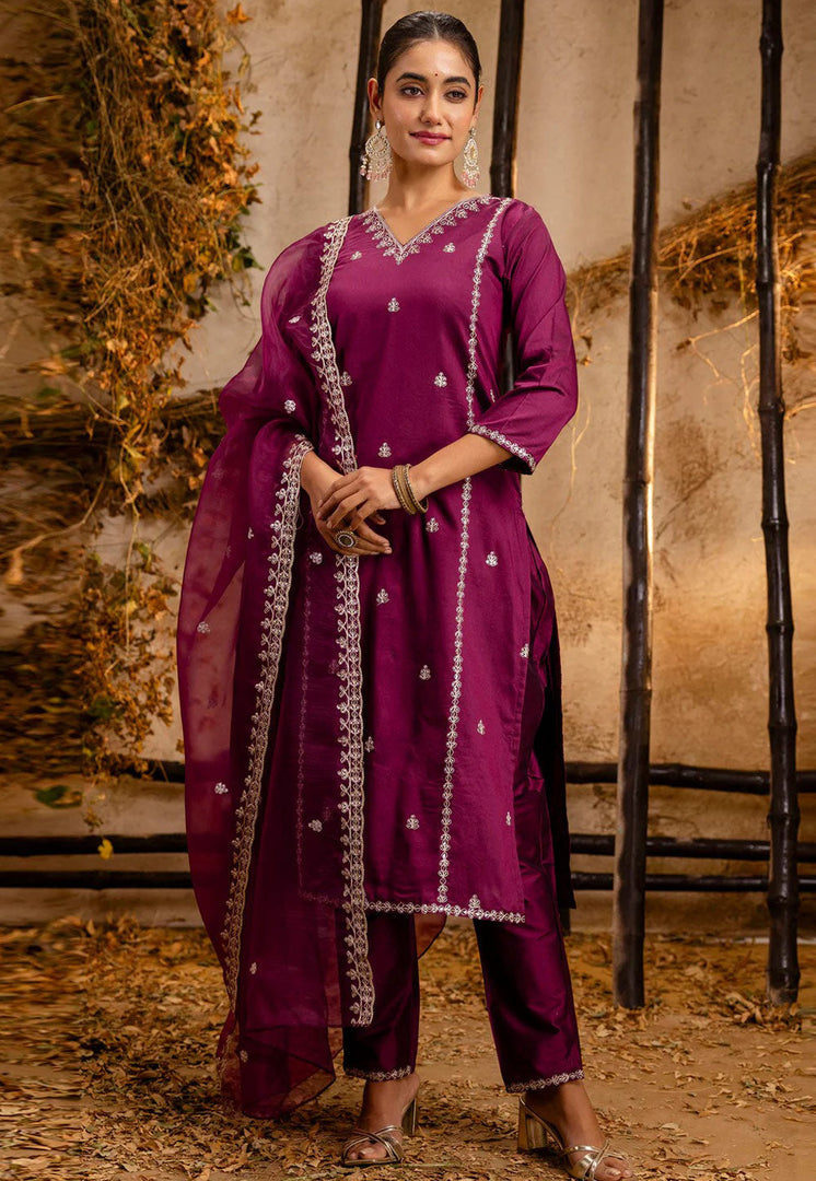 Purple Silk Readymade Pant Style Suit