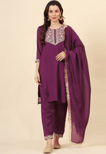 Load image into Gallery viewer, Purple Silk Readymade Pant Style Suit
