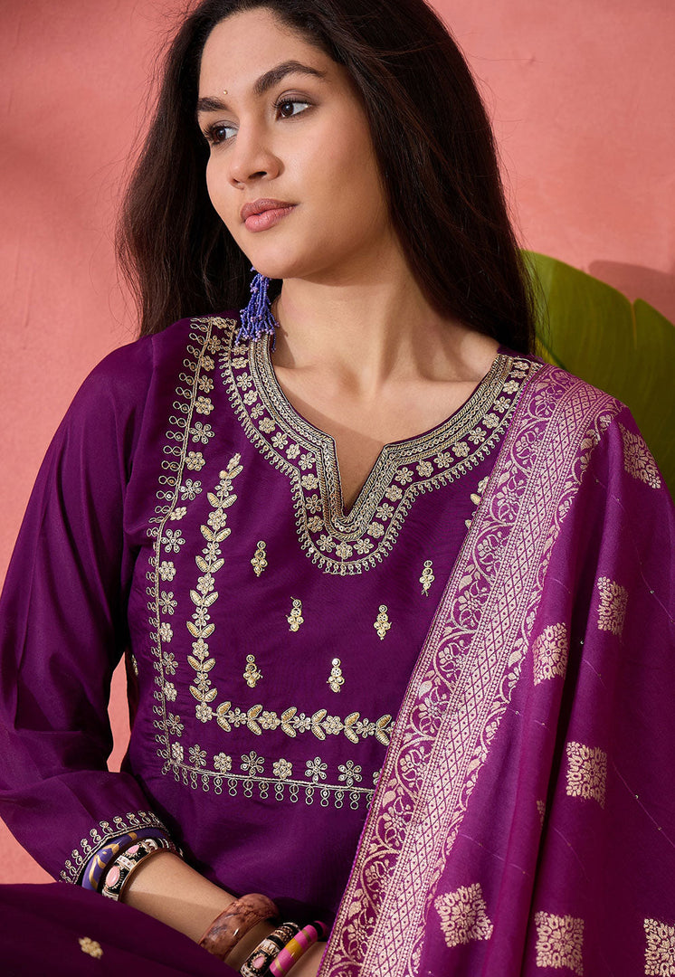 Purple Silk Readymade Pant Style Suit