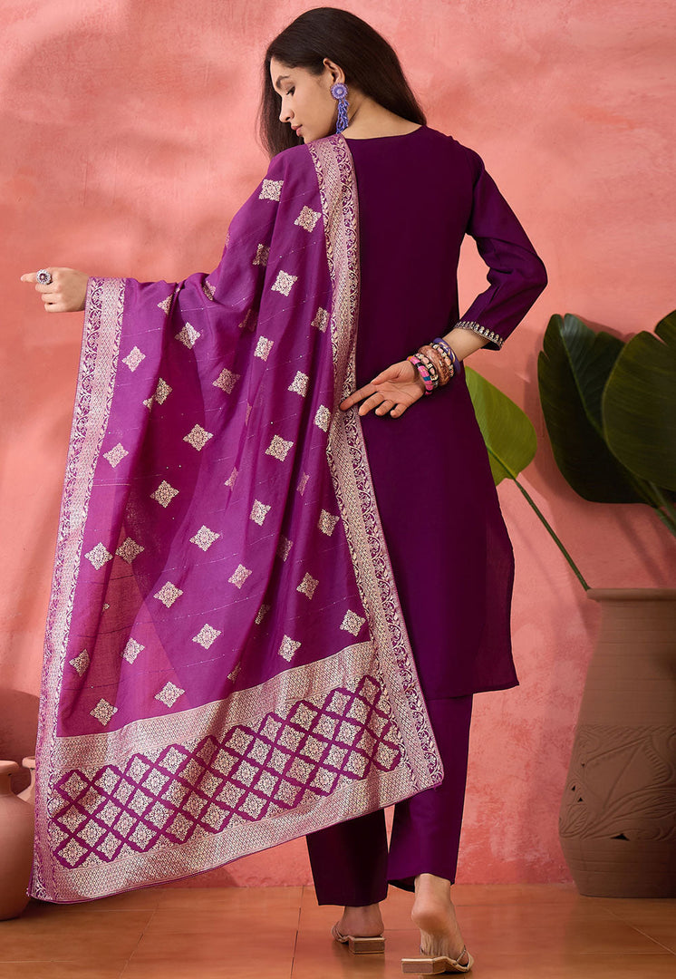 Purple Silk Readymade Pant Style Suit