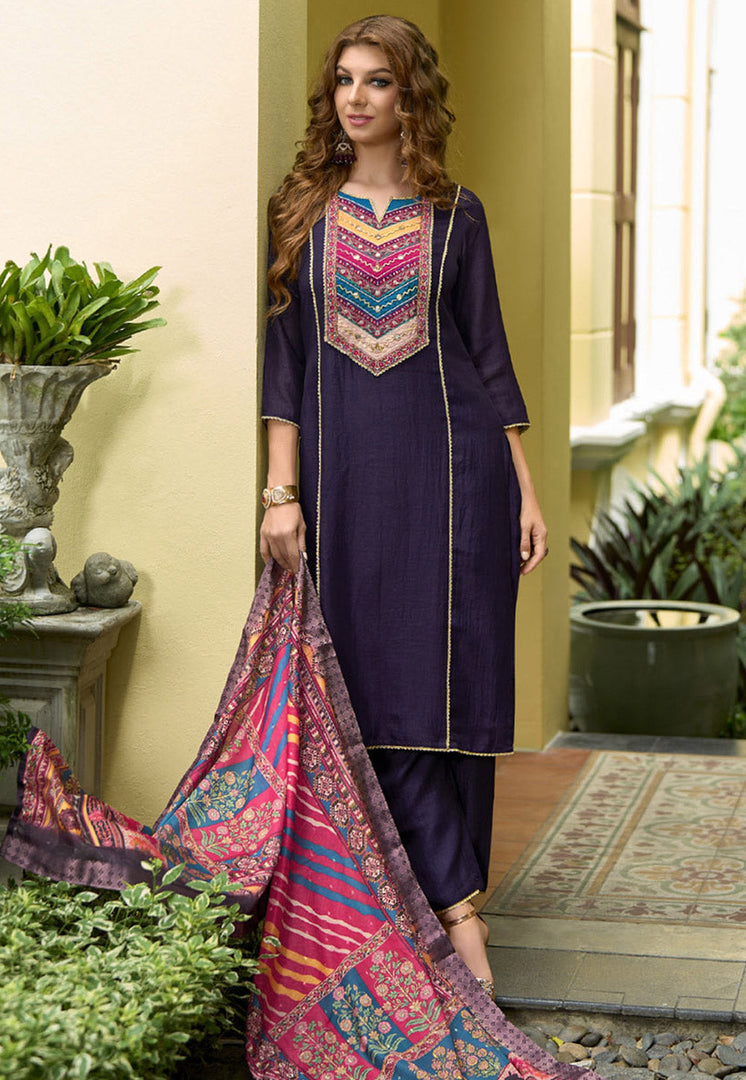 Purple Silk Readymade Pant Style Suit