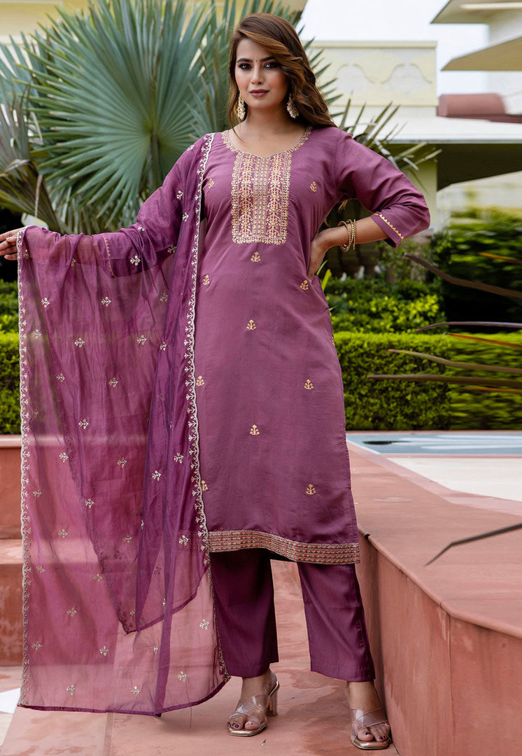Purple Silk Readymade Pant Style Suit