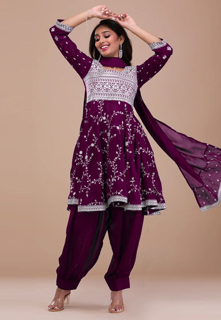 Purple Silk Readymade Patiala Suit