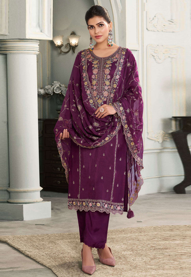 Purple Silk Straight Suit
