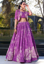 Load image into Gallery viewer, Purple Tussar Silk Floral Lehenga choli
