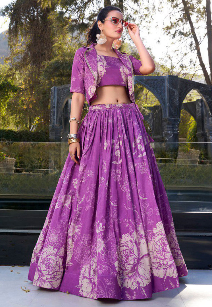 Purple Tussar Silk Floral Lehenga choli