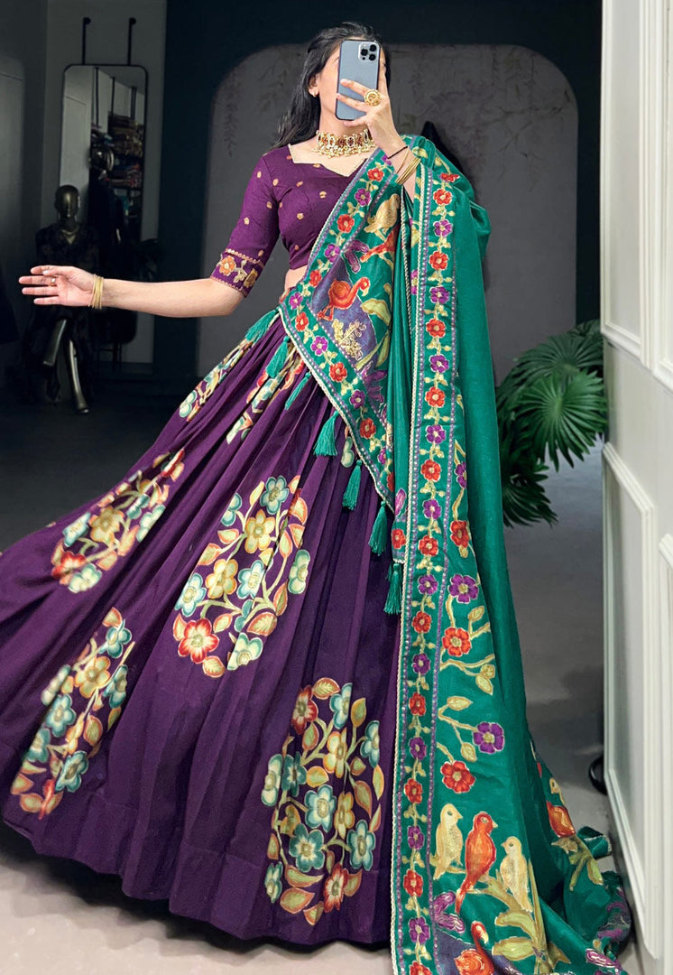 Purple Tussar Silk Floral Lehenga choli