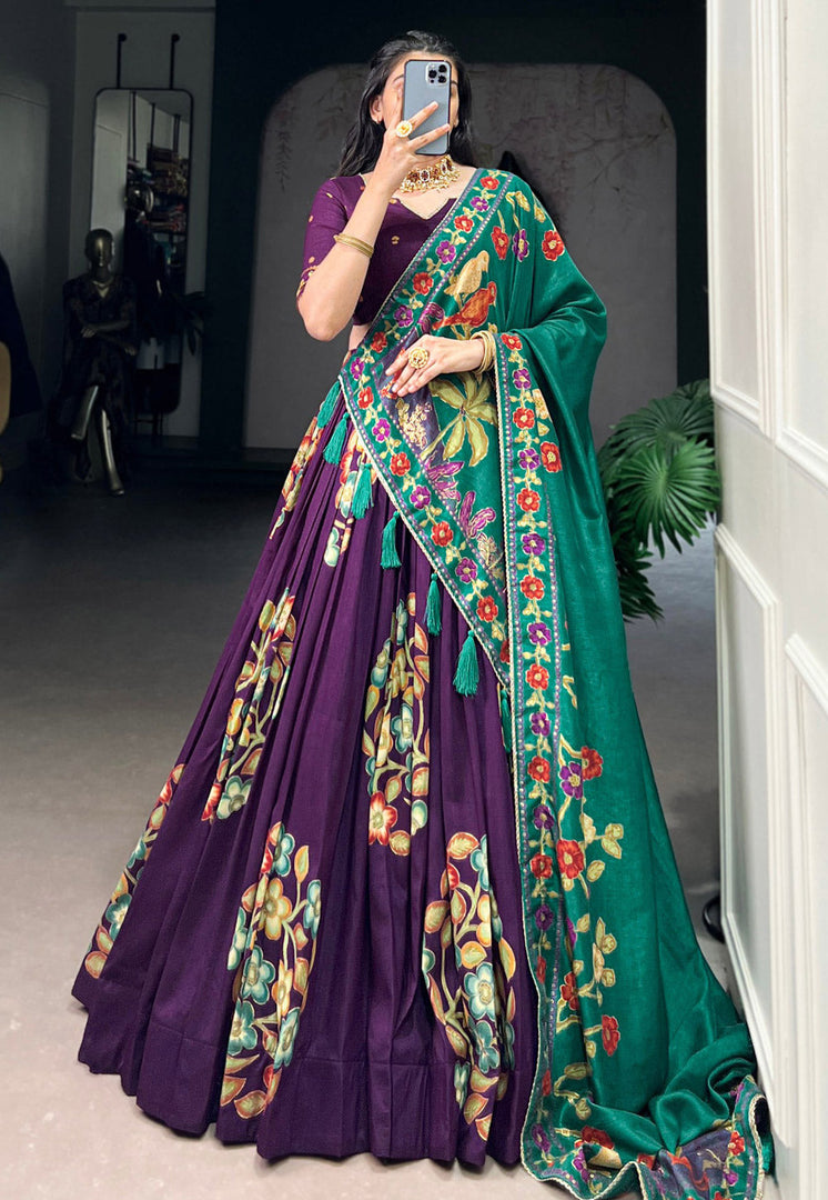 Purple Tussar Silk Floral Lehenga choli