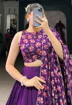 Load image into Gallery viewer, Purple Tussar Silk Floral print Lehenga choli
