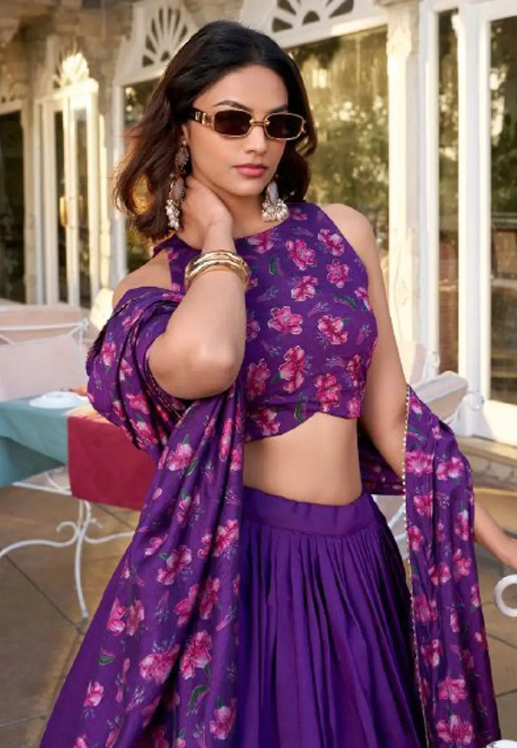Purple Tussar Silk Floral print Lehenga choli