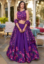 Load image into Gallery viewer, Purple Tussar Silk Floral print Lehenga choli
