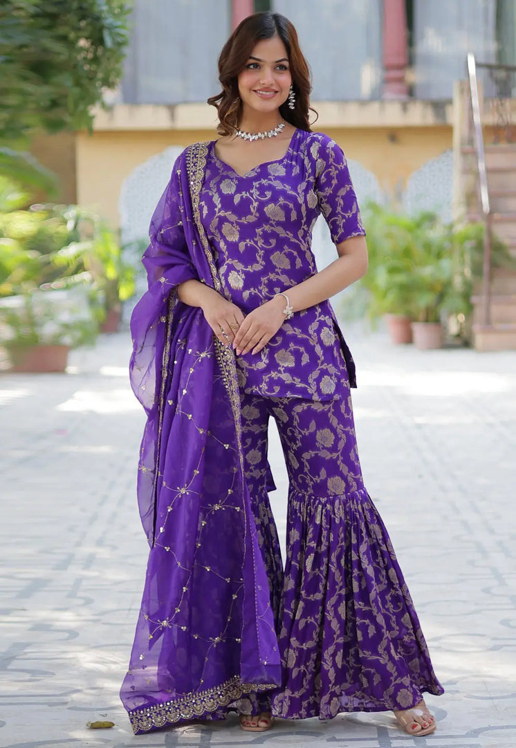 Purple Viscose Georgette Readymade Sharara Suit