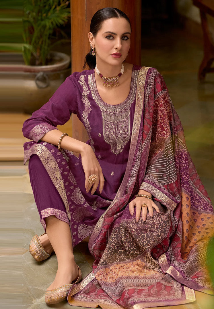 Purple Viscose Jacquard Readymade Pakistani Suit