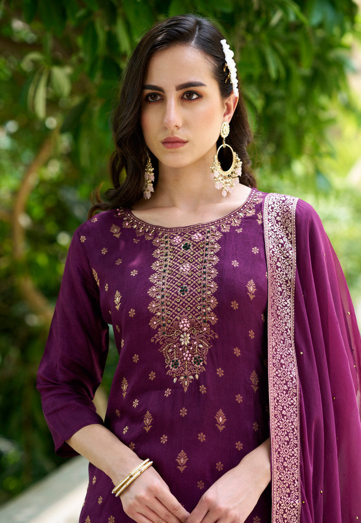 Purple Viscose Rayon Readymade Pakistani Suit