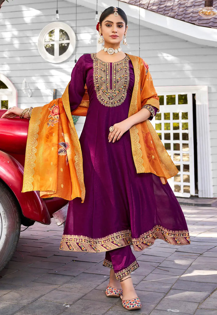 Purple Viscose Readymade Anarkali Suit