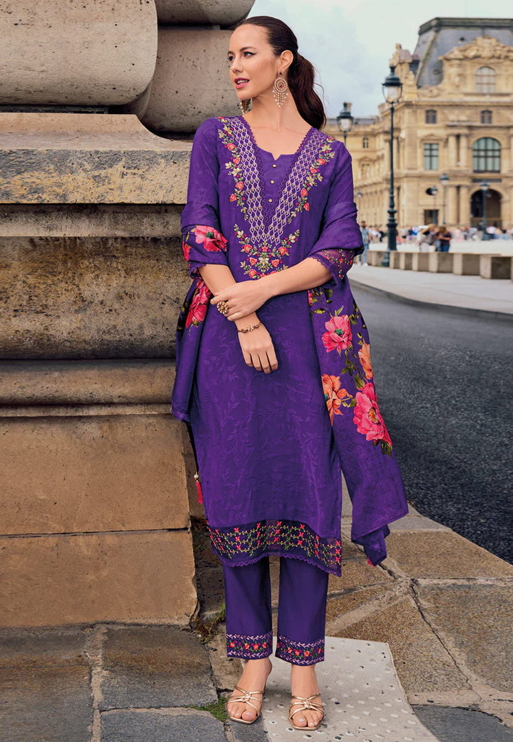 Purple Viscose Readymade Pant Style Suit