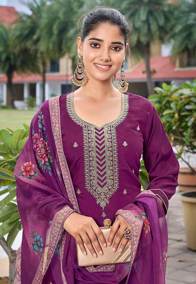 Purple Viscose Readymade Pant Style Suit