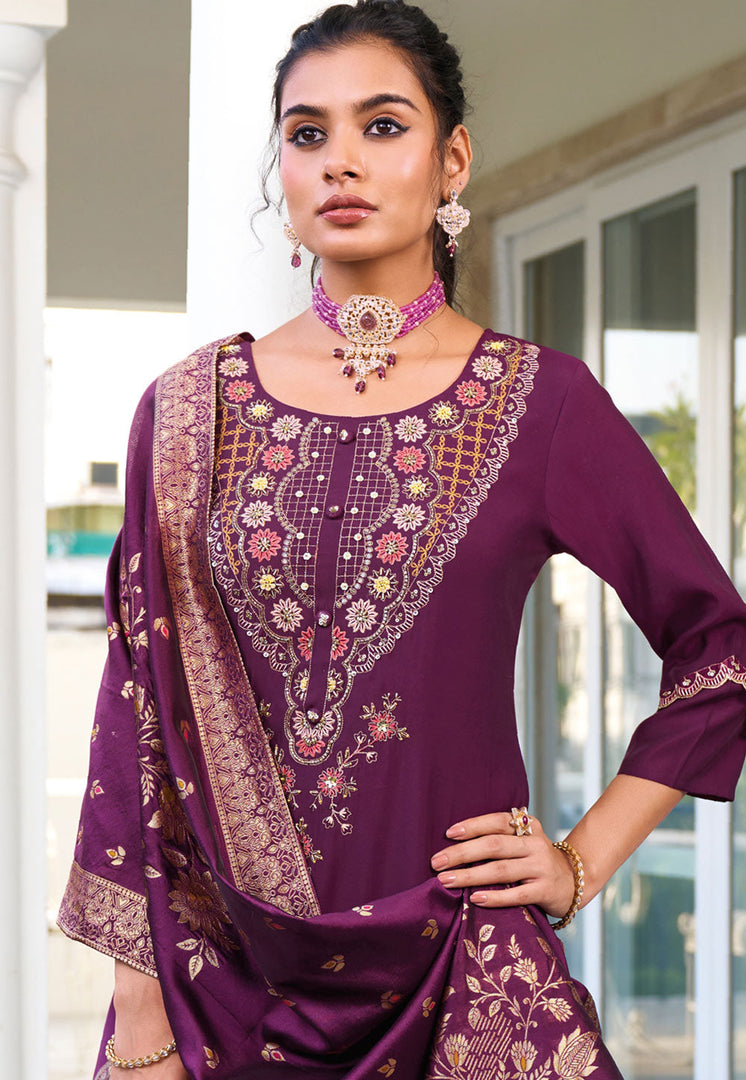 Purple Viscose Readymade Pant Style Suit