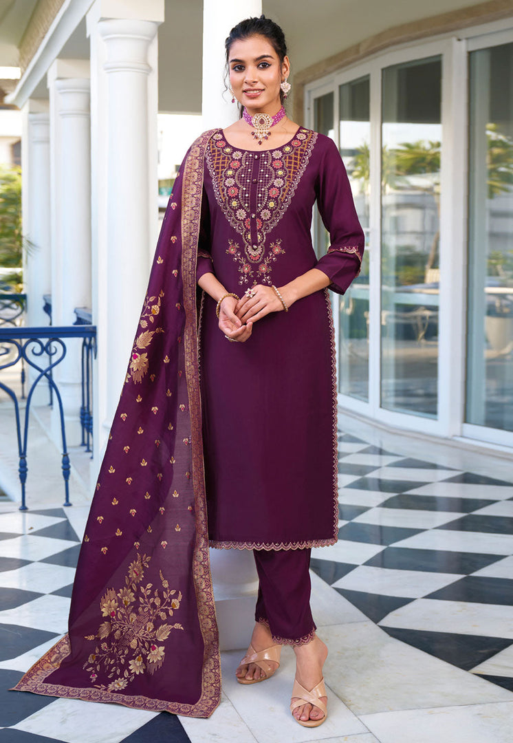 Purple Viscose Readymade Pant Style Suit