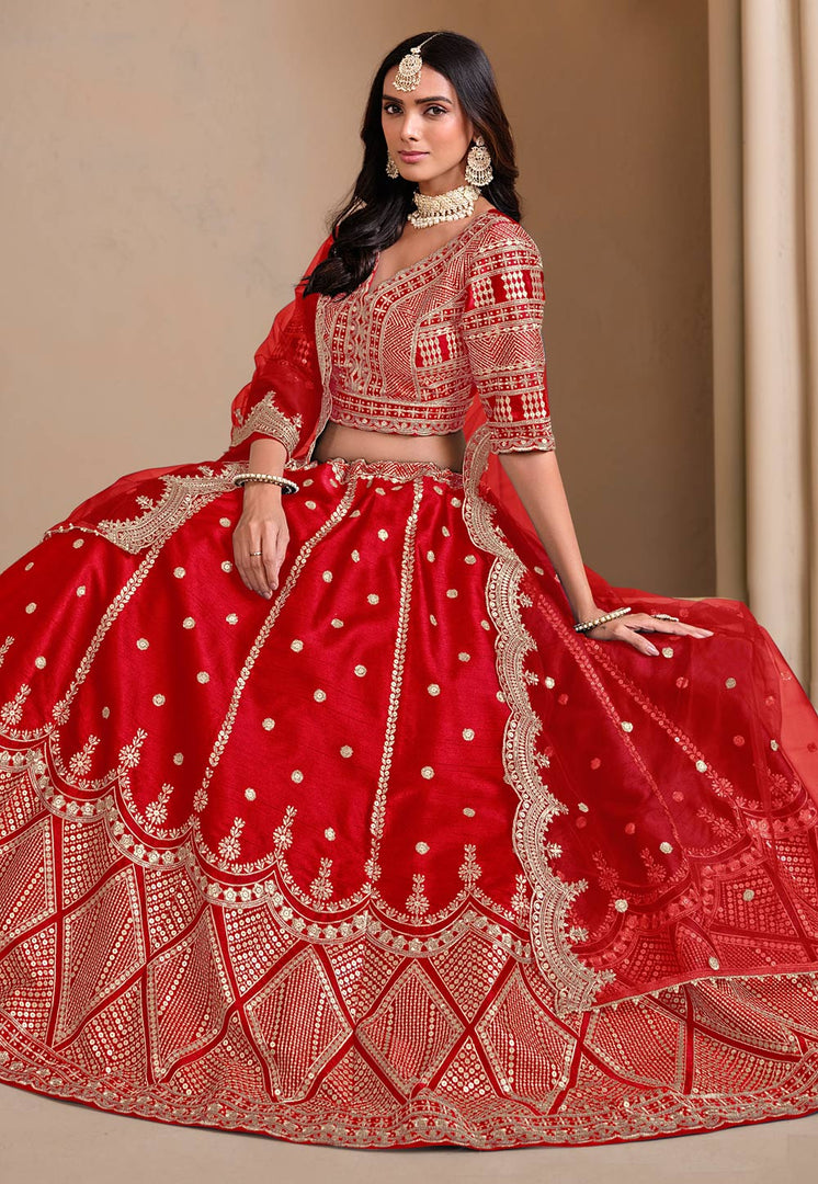 Red Art Silk Circular Lehenga Choli