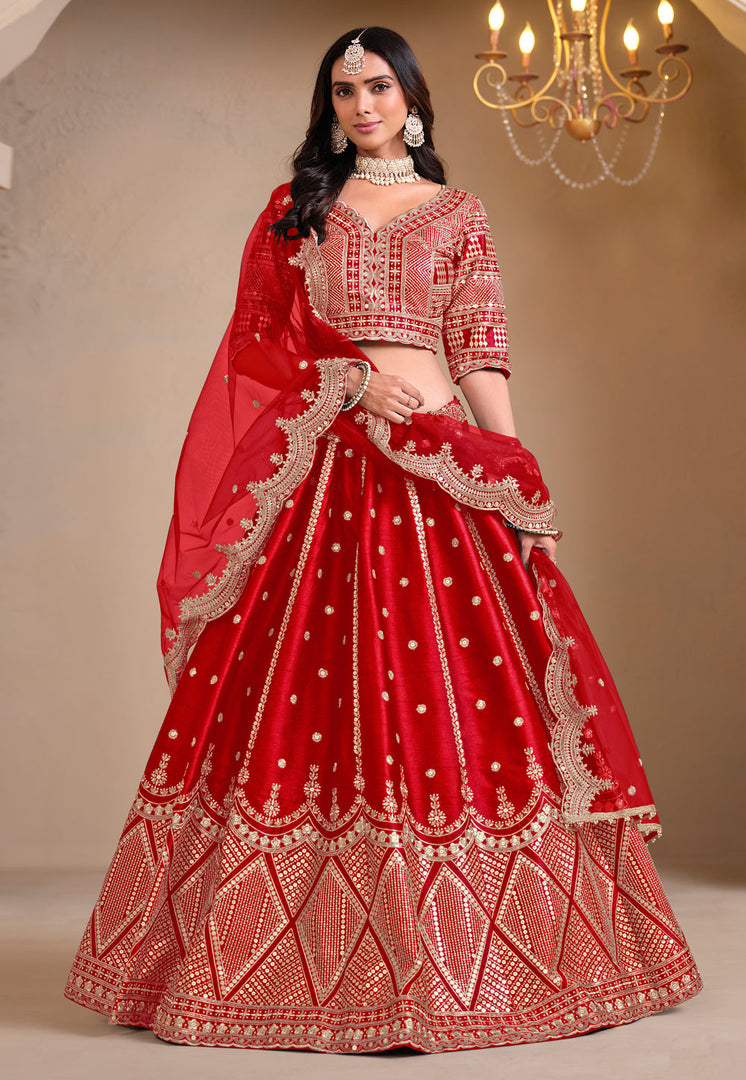 Red Art Silk Circular Lehenga Choli