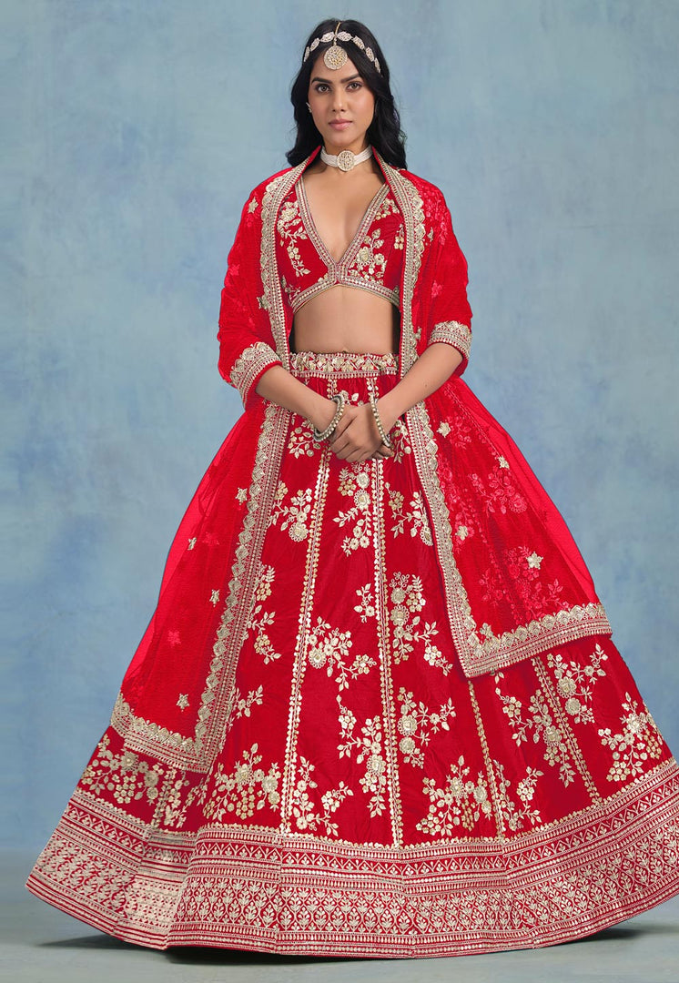Red Art Silk Circular Lehenga Choli